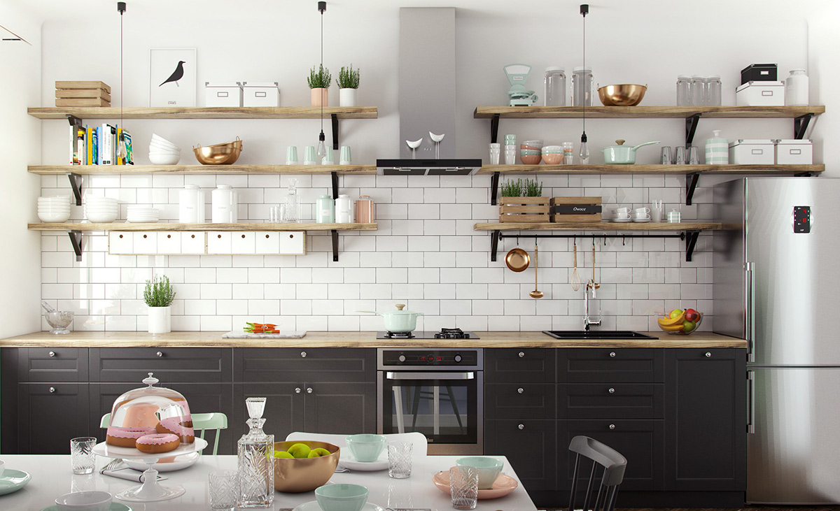 Открытые полки и шкафы на кухне в скандинавском стиле